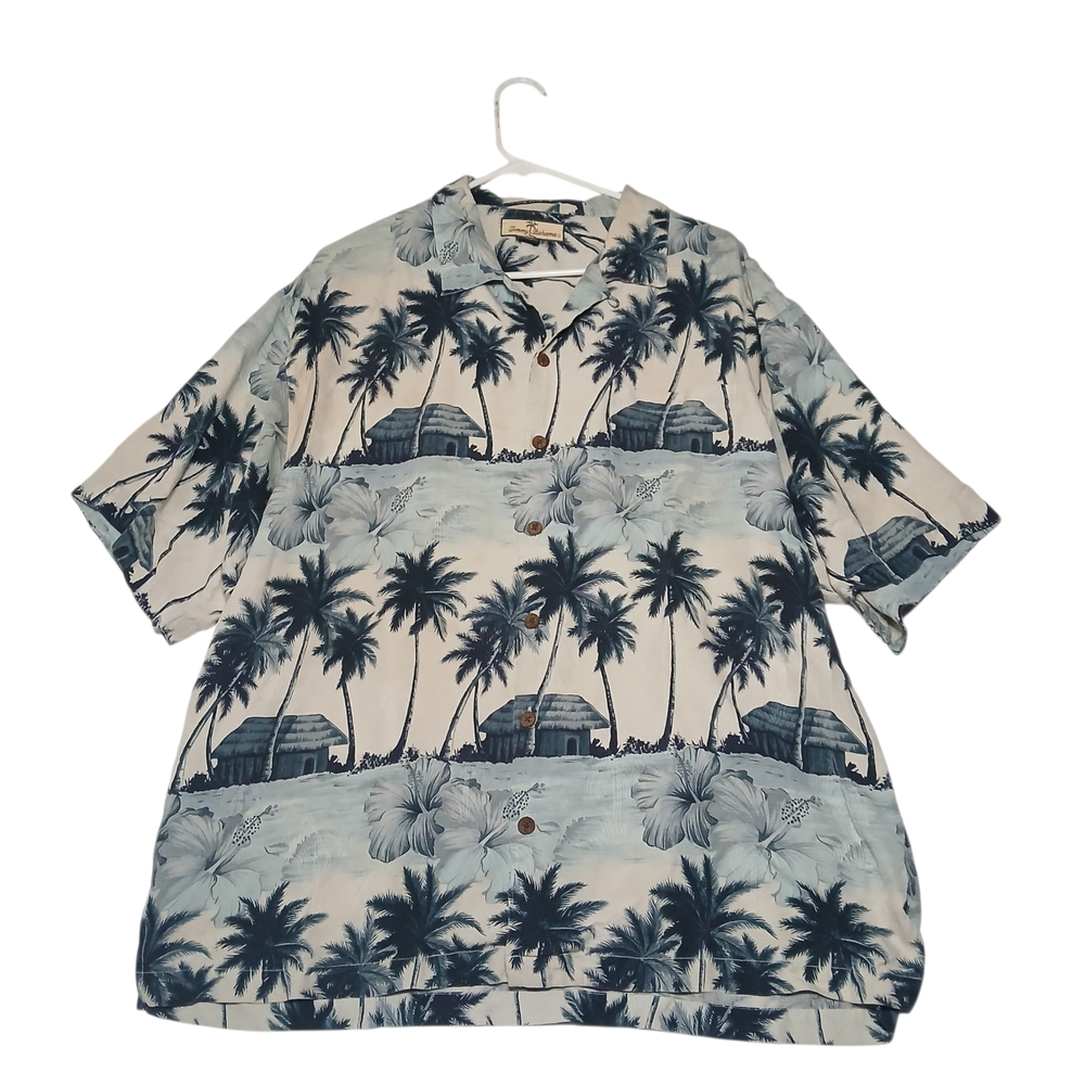 Tommy Bahama Relax Silk Palm-Print Camp Shirt in Blue & Cream Xl
